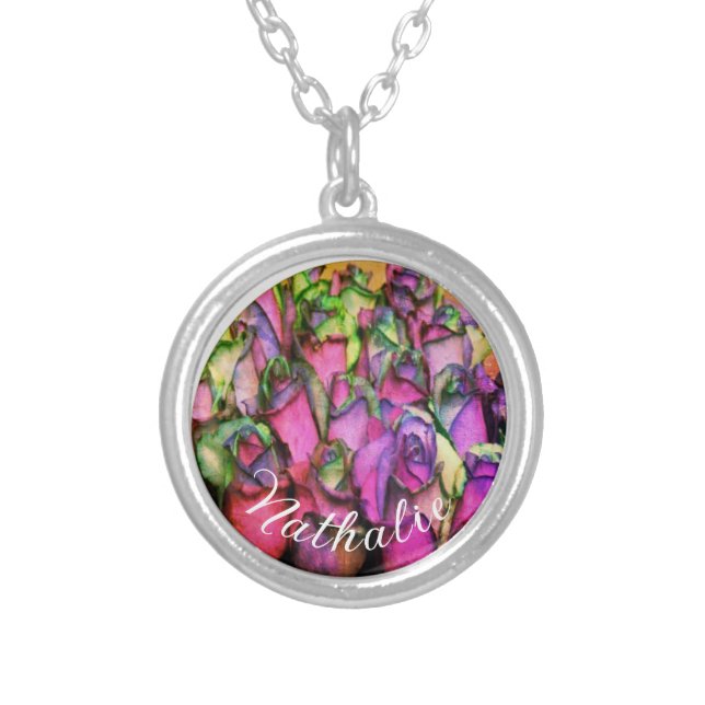 Personalsed Pink and purple withered roses Silver Plated Necklace (Front)