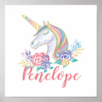Personalzied Magical Unicorn & Floral Illustration Poster