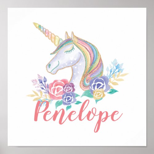 Personalzied Magical Unicorn  Floral Illustration Poster