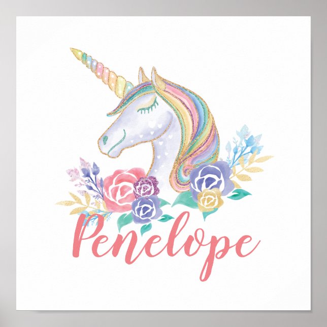 Personalzied Magical Unicorn & Floral Illustration Poster (Front)