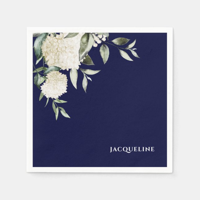 Personalzied Navy White Hydrangeas Bridal Shower Napkins (Front)