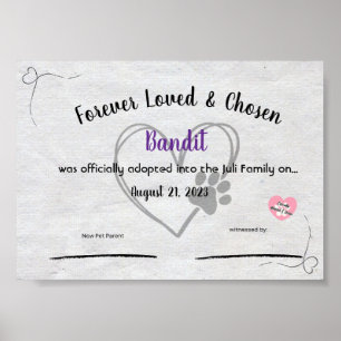 Personalzied Pet Adoption Certificate Poster
