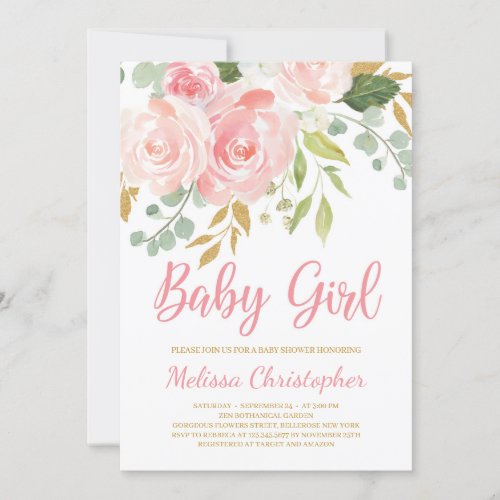 Personazlied girl blush pink floral baby shower invitation