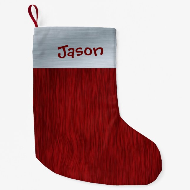 Personazlied Red Wood and Brushed Silver Look Small Christmas Stocking (Front)