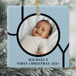 Personilized Baby Boy's Blue First Christmas Photo Ceramic Ornament<br><div class="desc">This stylish Baby Boy's First Christmas Photo Ornament is decorated with the word JOY in black on a blue background.
Easily customizable with your photo,  name,  and year.</div>