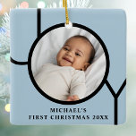 Personilized Baby Boy's Blue First Christmas Photo Ceramic Ornament<br><div class="desc">This stylish Baby Boy's First Christmas Photo Ornament is decorated with the word JOY in black on a blue background.
Easily customizable with your photo,  name,  and year.</div>