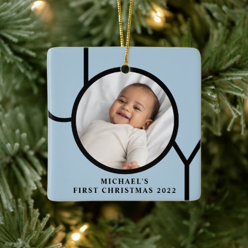Personilized Baby Boys Blue First Christmas Photo Ceramic Ornament