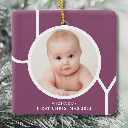 Personilized Babys First Christmas Purple Photo Ceramic Ornament