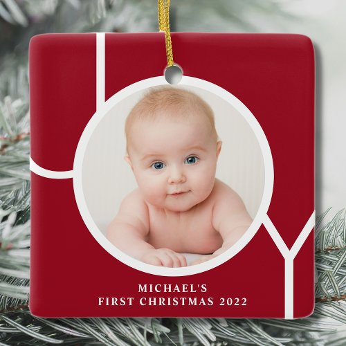 Personilized Babys First Christmas Red Photo Ceramic Ornament