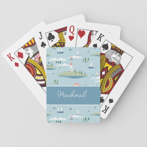 Personized seaside boats lighthouse memory poker cards