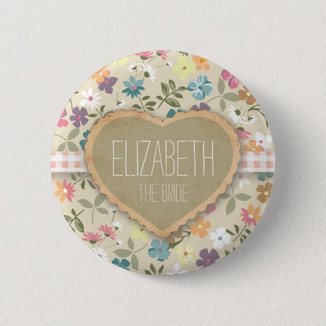 Personlised Floral Heart And Gingham Print Badges Pinback Button (Front)