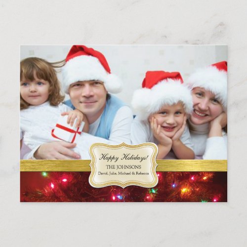 Personlized Christmas Light Red and Gold Photo Holiday Postcard