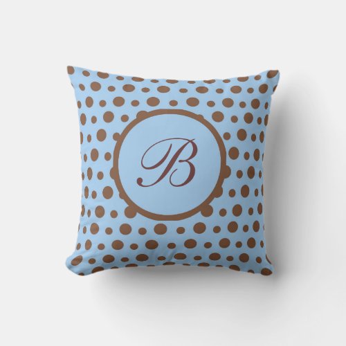 Personlized Monogram Blue Brown Polka Dot Pillow