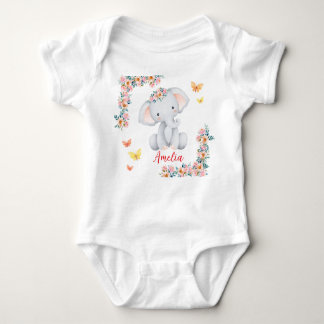 Personlized Name Baby Bodysuit Floral Elephant