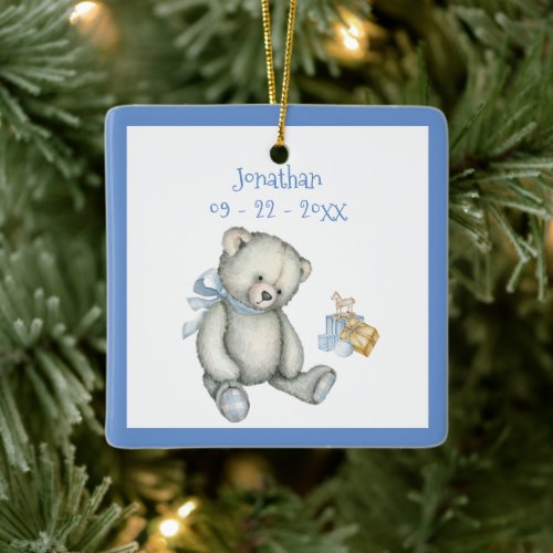 Personlized Name Boy Blue Bear Vintage Keepsake Ceramic Ornament