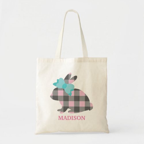 Personlized Name Cute Pink Plaid Easter Bunny Tote Bag