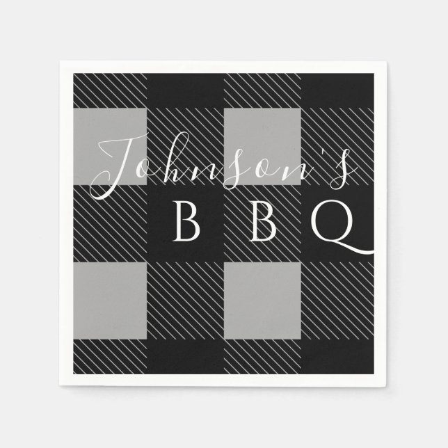 Personlized Name Gray Black Buffalo Check BBQ Napkins (Front)