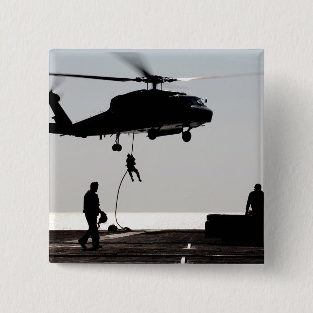 Personnel fast-rope out of an SH-60F Pinback Button (Front)