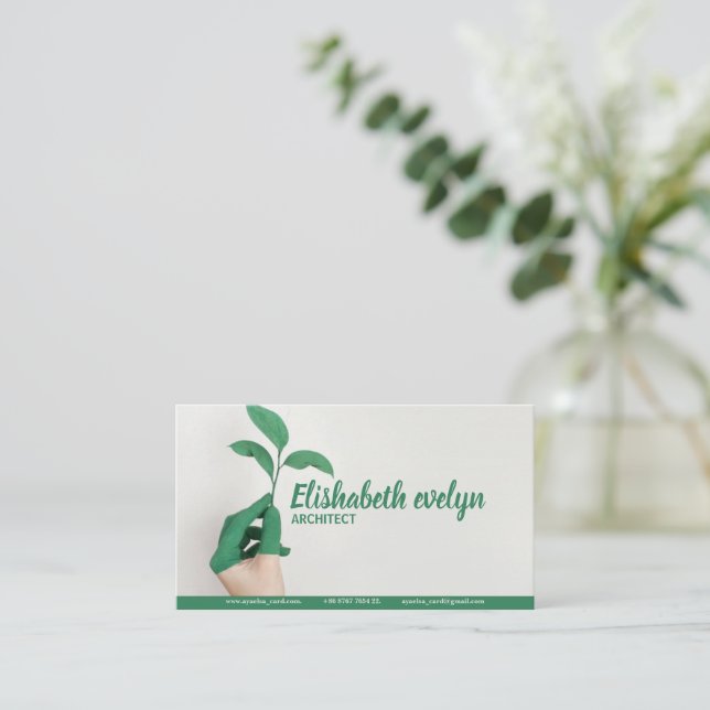 Person's Left Hand Holding Green Leaf Plant Business Card (Standing Front)