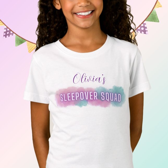 Personzalised Sleepover Squad T-Shirt | Pastels (Personalized t-shirt for Girl's Birthday Party Sleepover)