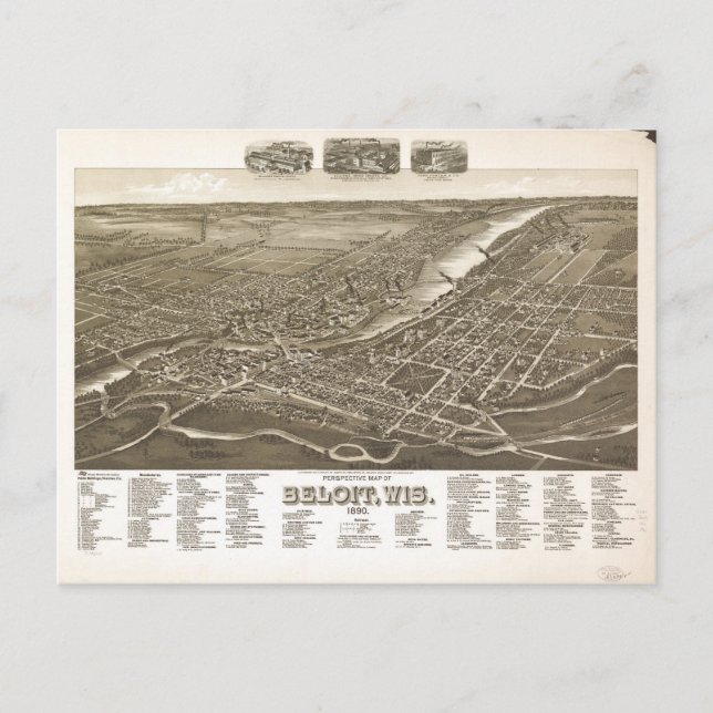 Perspective Map of Beloit, Wisconsin (1890) Postcard (Front)
