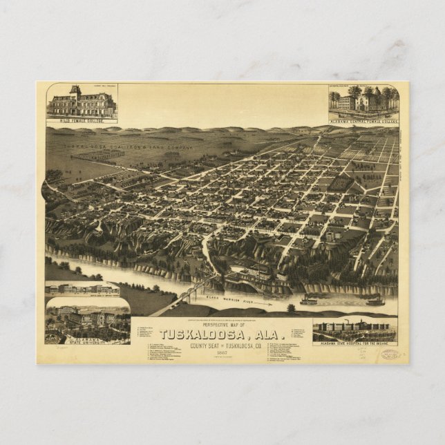 Perspective Map of Tuskaloosa Alabama (1887) Postcard (Front)