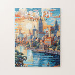 Perth Australia Travel Art Vintage Jigsaw Puzzle<br><div class="desc">Perth retro vector travel design. Perth,  capital of Western Australia,  sits where the Swan River meets the southwest coast.</div>