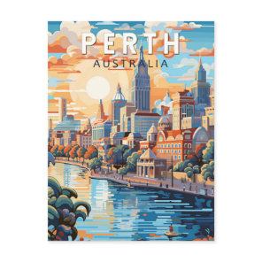 Perth Australia Travel Art Vintage Postcard