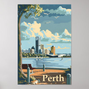 Perth Australia Vintage Retro Travel Illustration Poster