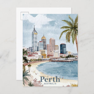 Perth Australia Watercolor Painting Travel Postcard