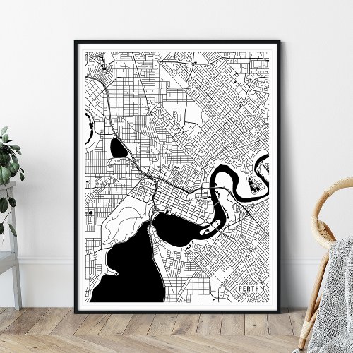Perth Map Black and White Minimal City Map Poster
