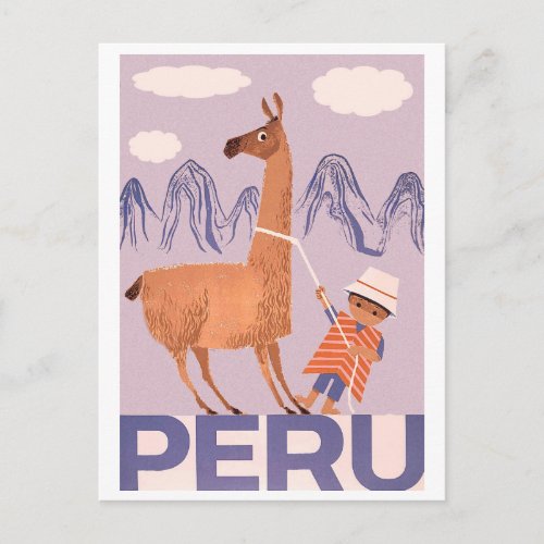 Peru a boy with big lama vintage travel postcard