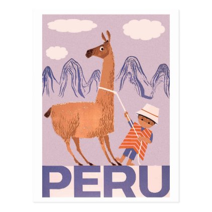 Peru, a boy with big lama, vintage travel postcard