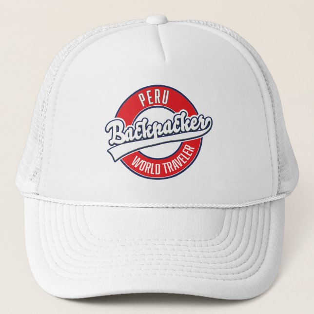 Peru backpacker world traveler logo. trucker hat (Front)