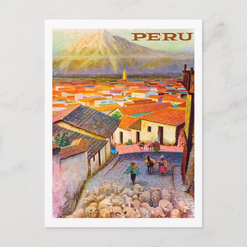 Peru city roofs under the mountain vintage postcard