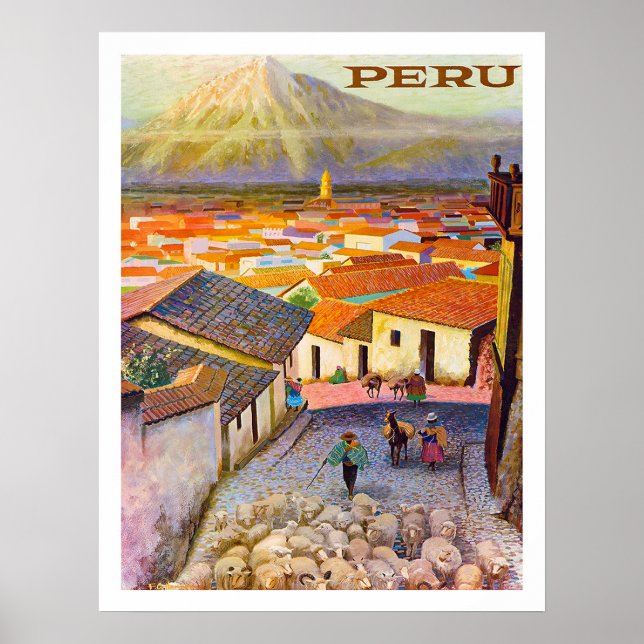 Peru, city roofs under the mountain, vintage poster (Front)