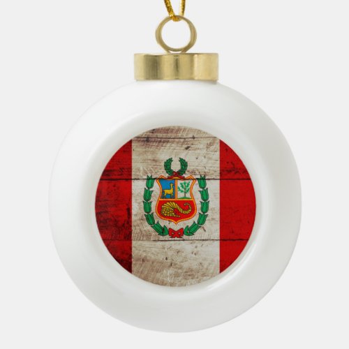 Peru Flag on Old Wood Grain Ceramic Ball Christmas Ornament