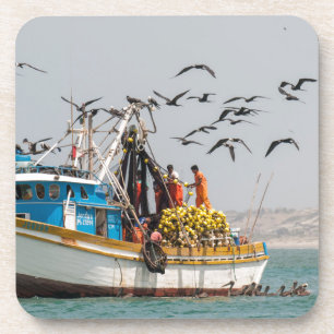 Peru, Los Organos. Fishing Boat In Los Organos Beverage Coaster