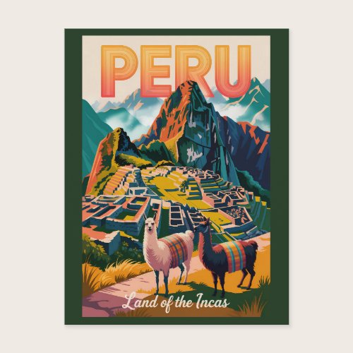 Peru Machu Picchu Illustration Travel Art Vintage Postcard Peru Machu Picchu Illustration Travel Art Vintage Postcard