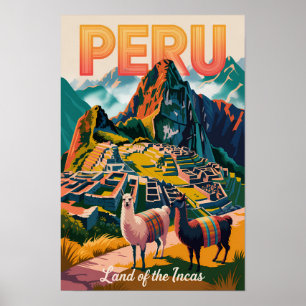 Peru Machu Picchu Illustration Travel Art Vintage Poster