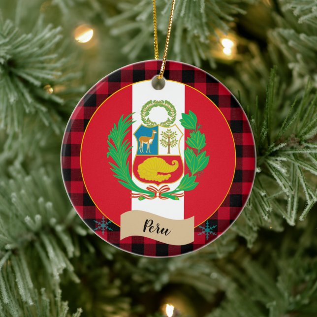 Peru, Red buffalo plaid & Peruvian Flag Ceramic Ornament (Tree)
