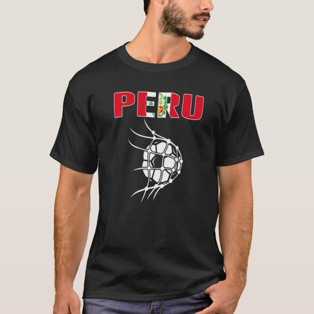 Peru Soccer Ball In Net Goal Support Peruvian Foot T-Shirt (Front)