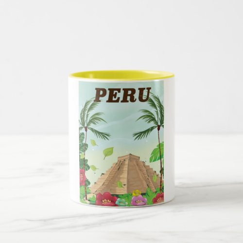 Peru South America vintage cartoon travel poster Two_Tone Coffee Mug
