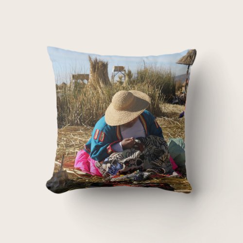 Peru Woman Sewing Embroidery Throw Pillow