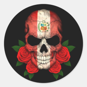 Peruvian Flag Skull with Red Roses Classic Round Sticker