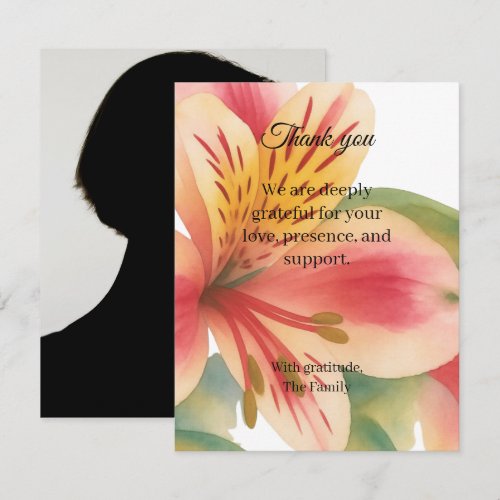 Peruvian lily funeral thank you card with photo