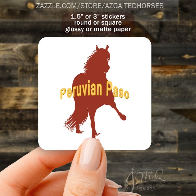 Peruvian Paso Horse Silhouette Bold Text Square Sticker (Sticker with chestnut silhouette of a Peruvian Paso horse and bold yellow text “Peruvian Paso.”)