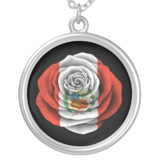 Peruvian Rose Flag on Black Silver Plated Necklace