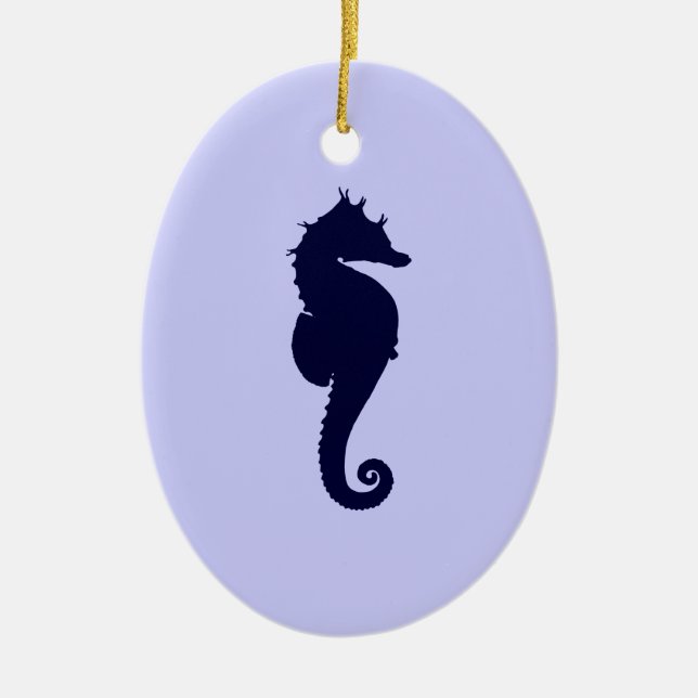 Perwinkle and Dark Blue Sea Horse Ceramic Ornament (Front)