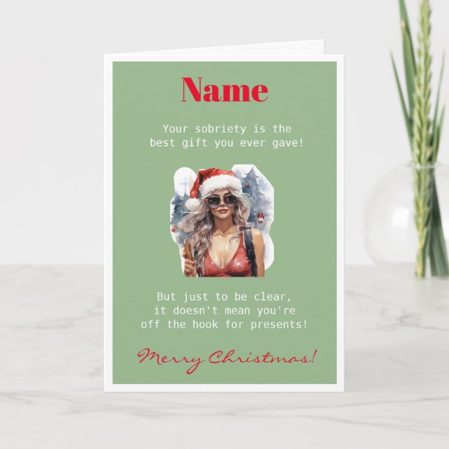 Perzonalizable Cute Green Sobriety Christmas Card (Front)